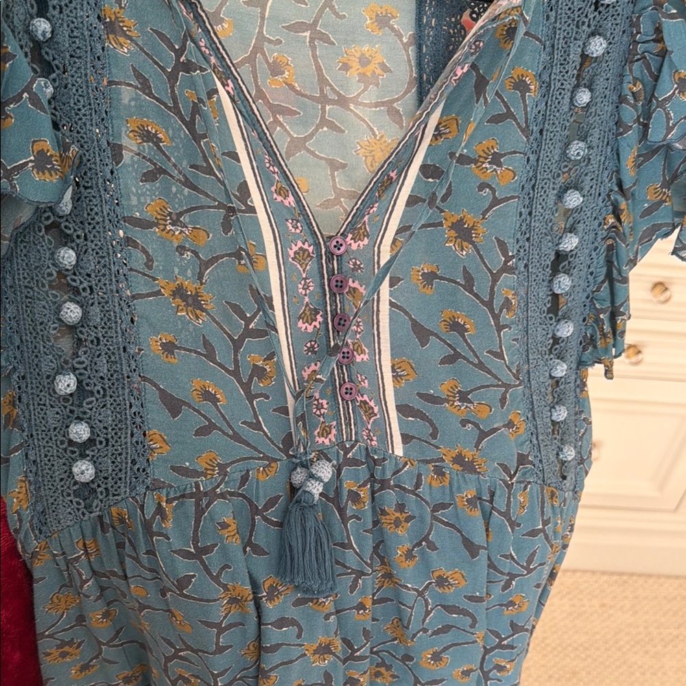 SEA - Boho Floral V-Neck Short Sleeve Dress - Blue - Picture 3 of 3